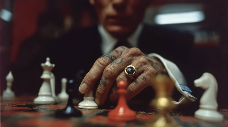 Close-up of a hand with a ring resting beside chess pieces, film still