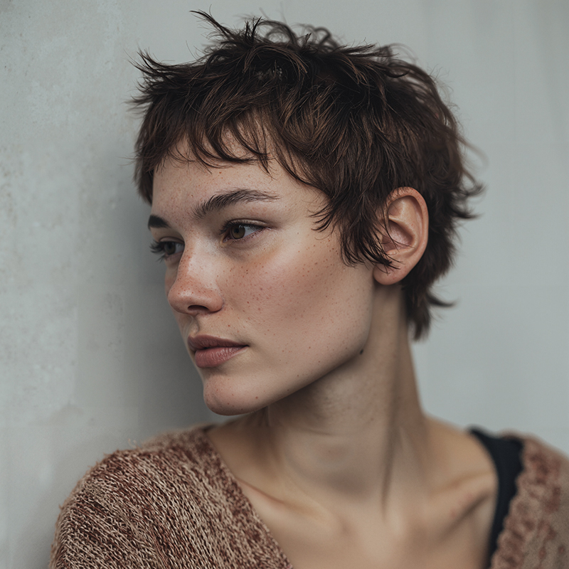 Close-up portrait of a young woman with short cropped hair, soft grey background