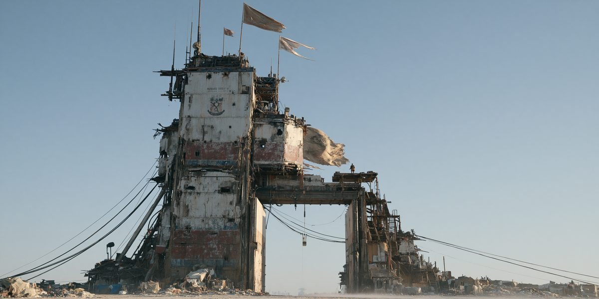 Weathered ceremonial gate with flags on a desert plain, concept still