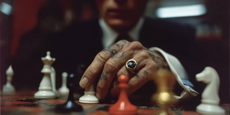 Hand with a ring resting beside chess pieces, film still